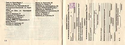 Паспорт от диапроектора Этюд 5М стр. 14-15. Адреса гарантийных мастерских. Гарантийный талон
